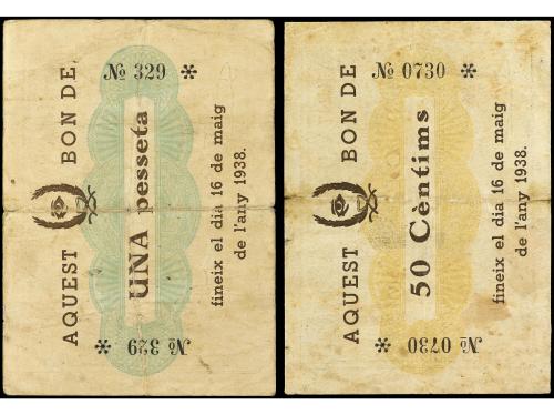 CATALUNYA. Lote 2 billetes 50 Cèntims y 1 Pesseta. Aj. d´ULL