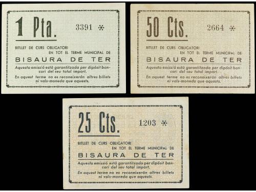 CATALUNYA. Lote 3 billetes 25, 50 Cèntims y 1 Pesseta. 22 Ma