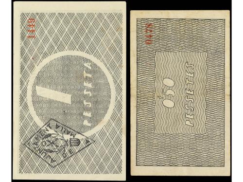 CATALUNYA. Lote 2 billetes 50 Cèntims y 1 Pesseta. 1 Juny 19