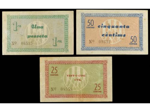 CATALUNYA. Lote 3 billetes 25, 50 Cèntims y 1 Pesseta. 10 Ma