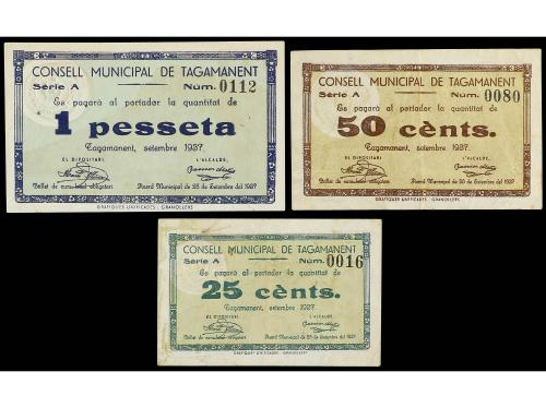 CATALUNYA. Lote 3 billetes 25 y 50 Cèntims y 1 Pesseta. Sete