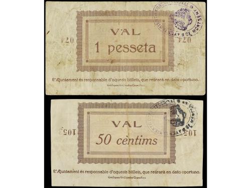 CATALUNYA. Lote de 2 billetes de 50 Cèntims y 1 Pesseta. Jun