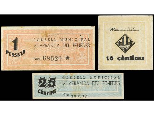 CATALUNYA. Lote 3 billetes 10 y 25 Cèntims y 1 Pesseta. C.M.