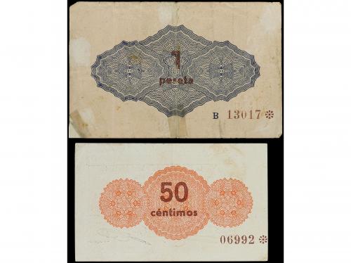 VALENCIA. Lote 2 billetes 50 Céntimos y 1 Peseta. Julio 1937