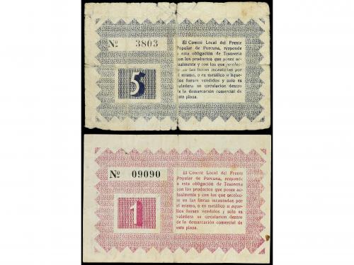 ANDALUCÍA. Lote 2 billetes 1 y 5 Pesetas. Septiembre 1937. F