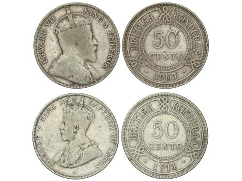 HONDURAS BRITÁNICA. Lote 2 monedas 50 Cents. 1907 y 1911. ED