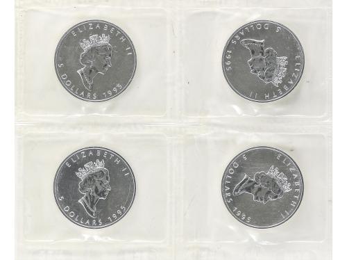 CANADÁ. Lote 68 monedas 5 Dollars. 1989 a 1999. ELIZABETH II