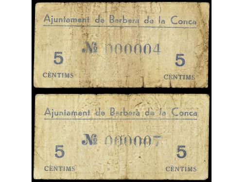 CATALUNYA. Lote 2 billetes 5 Cèntims. Aj. de BARBERÀ DE LA C