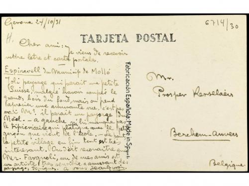 ✉ ESPAÑA. 1930. GERONA a BÉLGICA. Tarjeta Postal circulada c