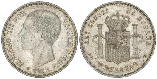 ALFONSO XII. 5 Pesetas. 1877 (*18-77). D.E.-M. Encapsulada p