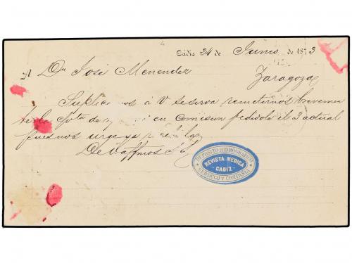✉ ESPAÑA. 1873. CÁDIZ a ZARAGOZA. Tarjeta Postal Precursora 