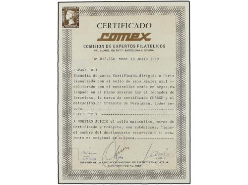 ✉ ESPAÑA. Ed. 10. 1851 (23 Enero). Carta certificada a PARÍS