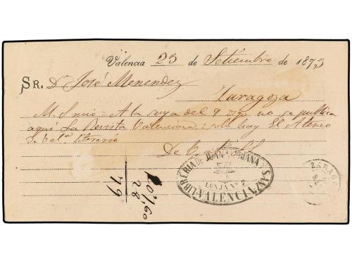✉ ESPAÑA. 1873. VALENCIA a ZARAGOZA. Tarjeta Postal Provisio