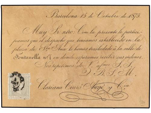 ✉ ESPAÑA. 1875. BARCELONA a VILLAGARCIA. Tarjeta Postal Prov