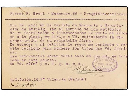 ✉ ESPAÑA. Ed. 57. 1929. VALENCIA a PRAGA. 15 cts. lila con f