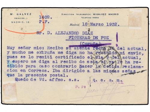 ✉ ESPAÑA. Ed. 64v. 1932. MADRID a FIGUERAS DE FOZ (Portugal)