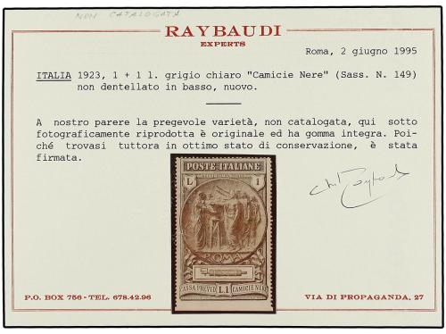 ** ITALIA. Sa. 149. 1923. 1 Lira gris SIN DENTAR MARGEN INFE