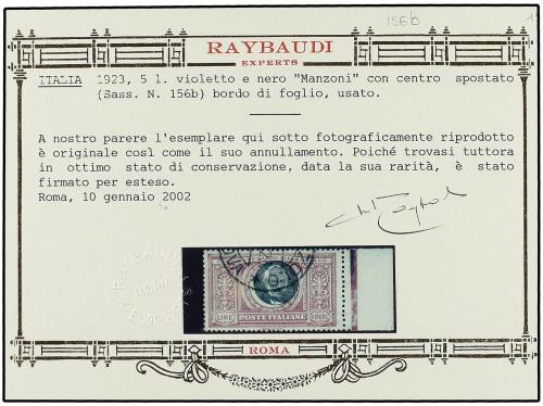 ° ITALIA. Sa. 156b. 1923. 5 Liras violeta y negro CENTRO DES