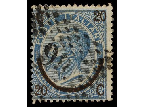 ° ITALIA. Sa. 23l. 1865. 20 cts. s. 15 cts. azul, SOBRECARGA