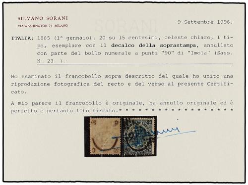 ° ITALIA. Sa. 23l. 1865. 20 cts. s. 15 cts. azul, SOBRECARGA