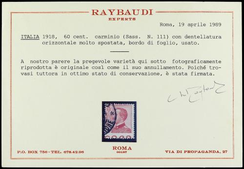 **/° ITALIA. Ed. 111 (8). 1917-20. 60 c. carmín. 8 ejemplare