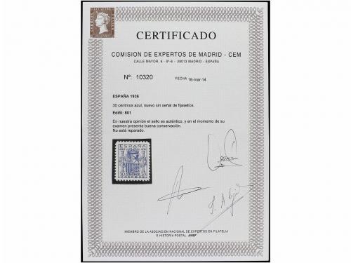 ** ESPAÑA. Ed. 801. 30 cts. azul. Centrado extraordinario. P