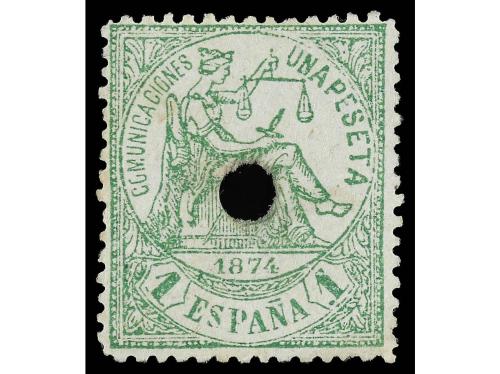 ESPAÑA. Ed. 150F. 1 pta. verde. FALSO POSTAL tipo II. Taladr