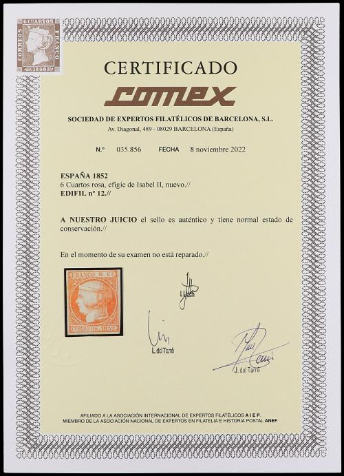 (*) ESPAÑA. Ed. 12. 6 cuartos rosa. Buenos márgenes. Cert. C