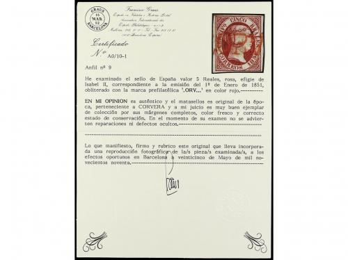 ° ESPAÑA. Ed. 9. 5 reales rosa, mat. prefilatélico CORVERA e