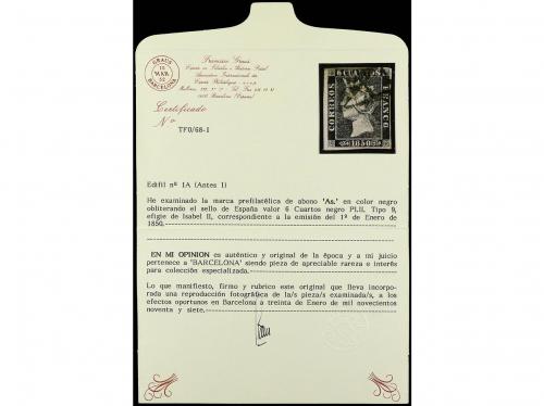 ° Δ ESPAÑA. Ed. 1A. 6 cuartos negro, pl. II. 3 sellos (dos s