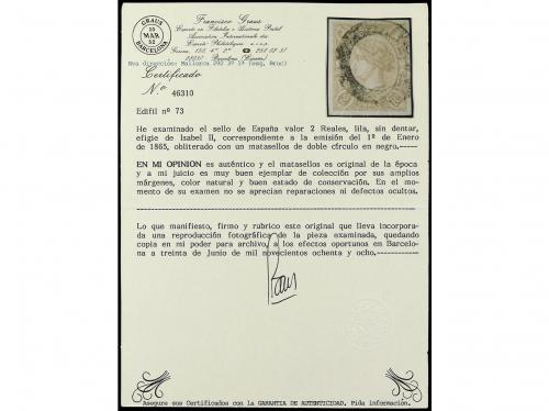 ° ESPAÑA. Ed. 73. 2 reales lila, mat. DOBLE CÍRCULO en negro