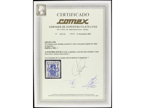 ** ESPAÑA. Ed. 801. 30 cts. azul. LUJO. Cert. COMEX. Cat. 3.