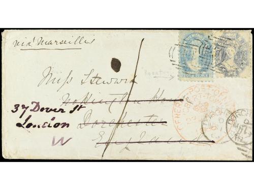 ✉ AUSTRALIA. 1866. HOBART TOWN a INGLATERRA. 4 p. azul y 6 p