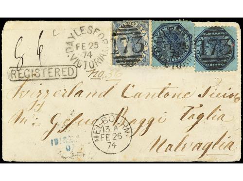 ✉ ESPAÑA. 1874. MELBOURNE a MALVAGLIA (Suiza, Ticino). 6 p. 