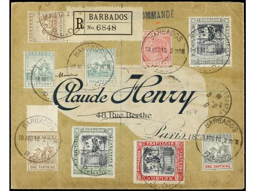 ✉ BARBADOS. 1910. BARBADOS a PARÍS. Carta certificada. Preci