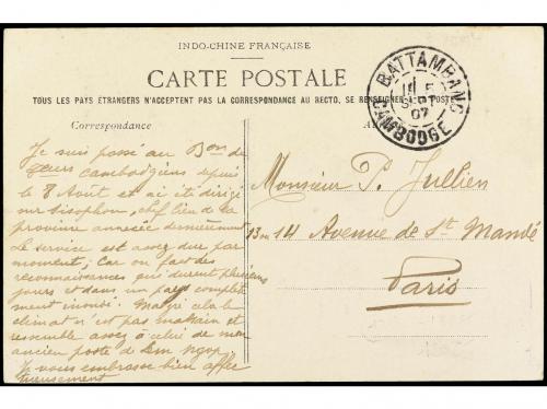 ✉ CAMBOYA. 1907. Tarjeta Postal circulada a PARÍS con sello 