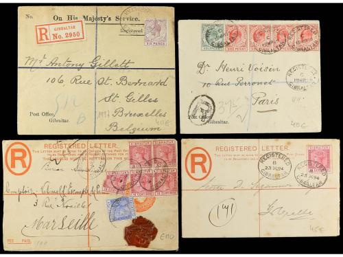 ✉ GIBRALTAR. 1894-1905. Conjunto de 4 cartas certificadas. 