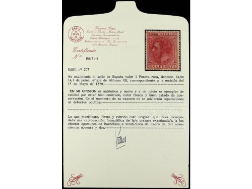 (*) ESPAÑA. Ed. 207. 1 pta. rosa. MAGNÍFICO EJEMPLAR. Cert. 