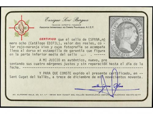 (*) ESPAÑA. Ed. 8. 1851. 2 reales rojo naranja. Márgenes jus