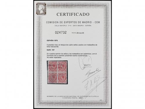 ° ESPAÑA. Ed. 186/87. 1 peseta gris lila, bloque de cuatro y