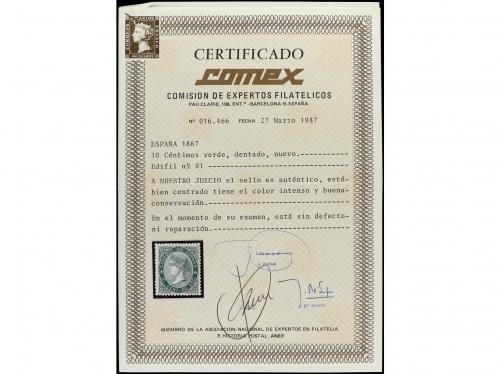 * ESPAÑA. Ed. 91. 10 cts. verde. MUY BIEN CENTRADO. Cert. CO