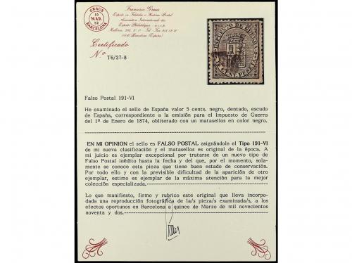 ° ESPAÑA. Ed. 141F. 5 cts. negro FALSO POSTAL tipo VI. RARÍS