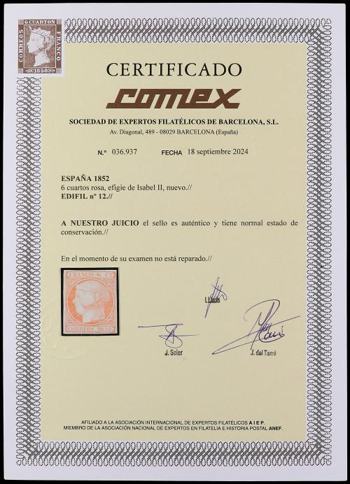 (*) ESPAÑA. Ed. 12. 6 cuartos rosa. Buen ejemplar. Cert. COM