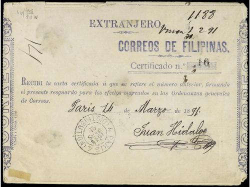 ✉ FILIPINAS. Ed. 87. 1891. MANILA a PARÍS. 25 ctvos. castaño