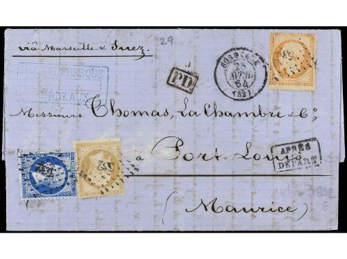 ✉ FRANCIA. 1864. BURDEOS a PORT LOUIS (Mauricio). 10 cts. bi