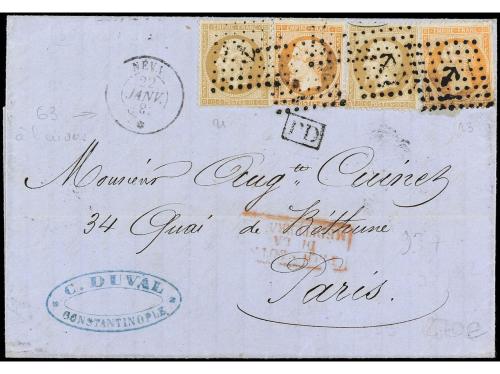 ✉ FRANCIA. 1863. CONSTANTINOPLA a PARÍS. 10 cts. bistre (2) 