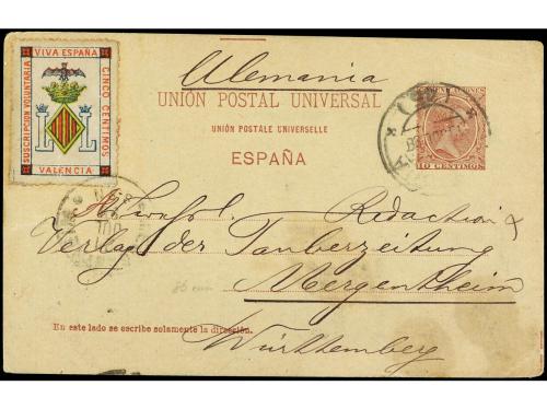 ✉ ESPAÑA. 1898. VALENCIA a ALEMANIA. Entero postal de 10 cts