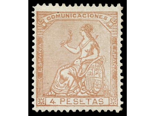 * ESPAÑA. Ed. 139. 4 pesetas castaño. Adelgazado y dentado r