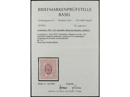 ** LUXEMBURGO. Yv. 17. 10 cts. violeta. Cert. B.P. Mi. 17c. 