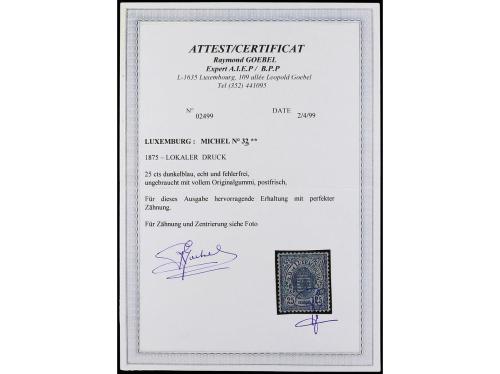 ** LUXEMBURGO. Yv. 32. 25 cts. azul. Centrado de LUJO. Ínfim